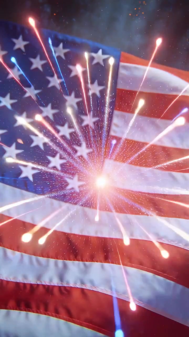 Vertical video: Appearing light near center-right expanding into sparks on closeup US flag shifting