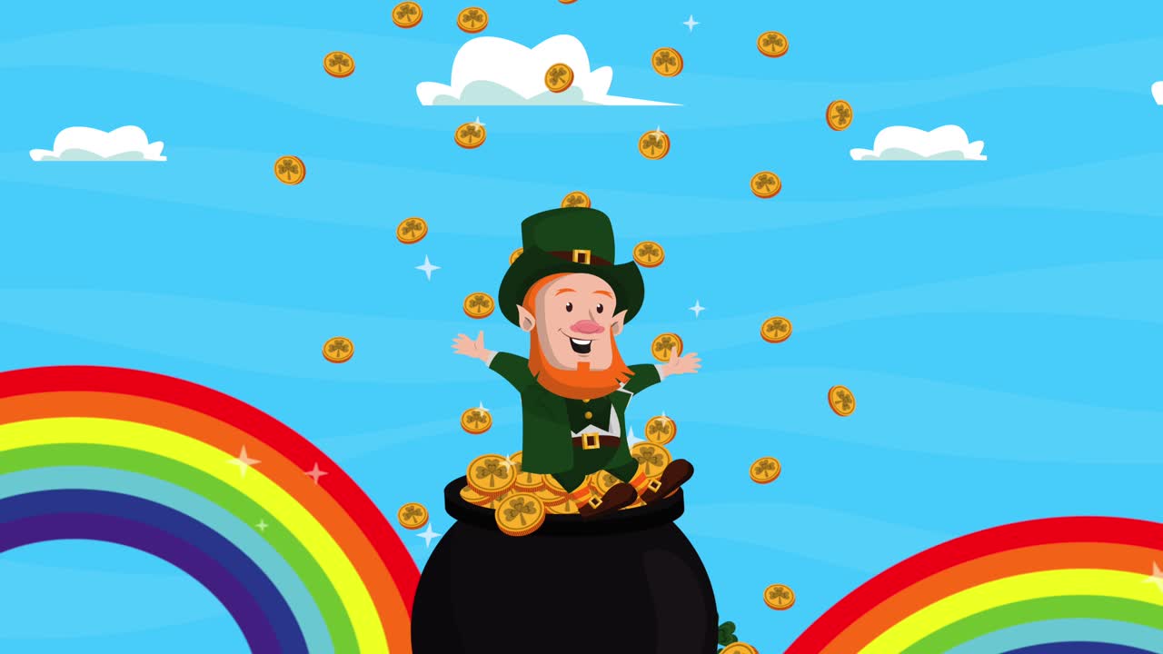 성 패트릭의 날 축하하라 레프리콘은 무지개와 함께 보물 오두막에