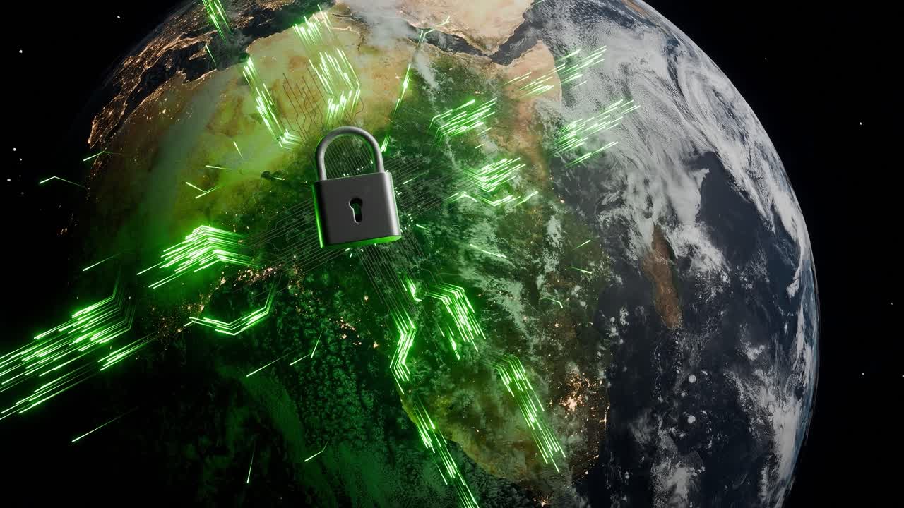Africa view from space with cyber lock and green digital connections. Cybersecurity and data protection concept. Global network security visualization for poster and wallpaper