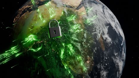 africa view from space with cyber lock and green digital connections. cybersecurity and data protection concept. global network security visualization for poster and wallpaper