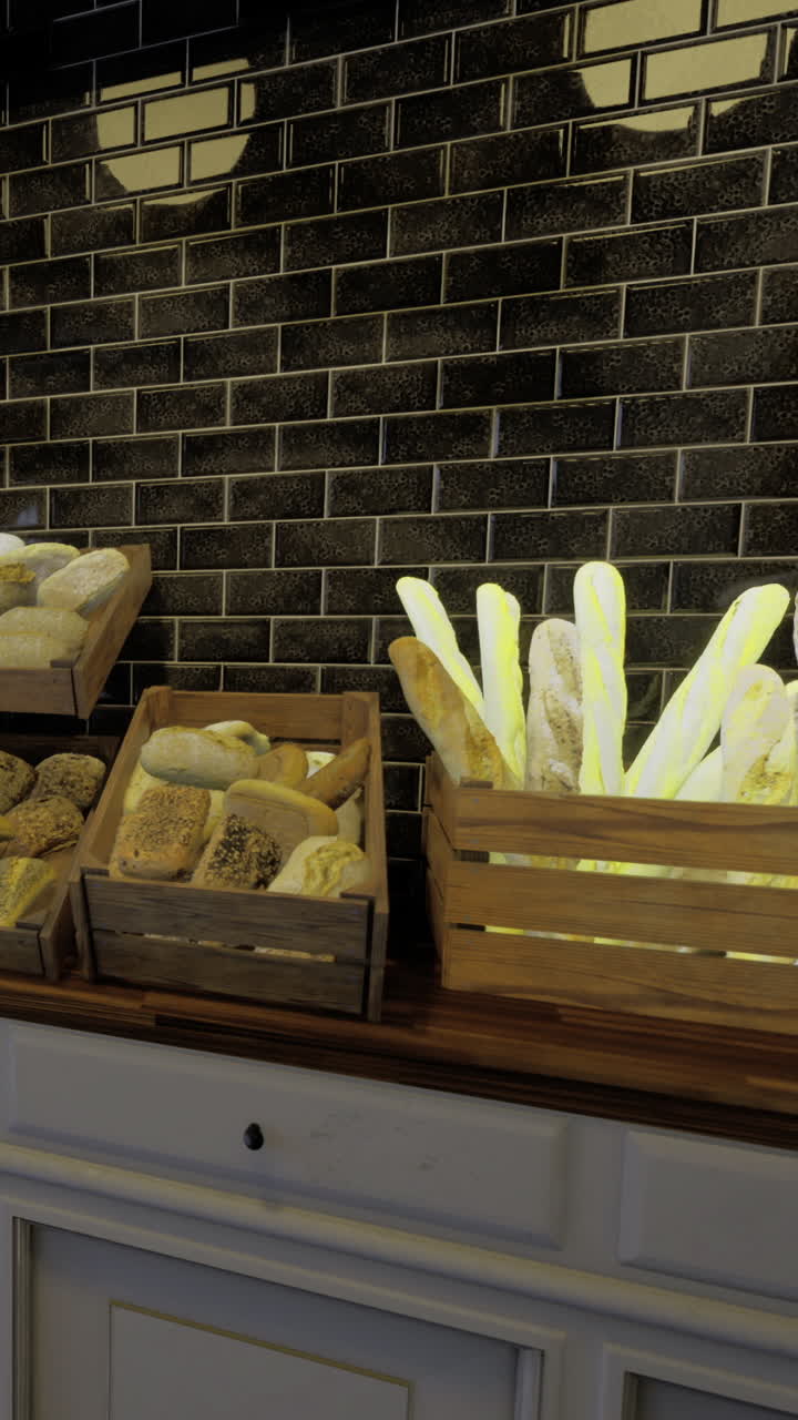 Fresh bread displayed in wooden boxes at a bakery counter in the morning