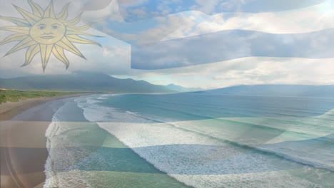 animation of flag of uruguay blowing over beach landscape