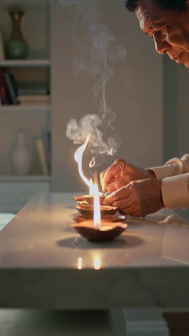 Video dọc: Dùng đèn đã thắp sáng, người đàn ông lớn tuổi mặc áo sơ mi thắp đèn diya tại nhà để cầu nguyện, khói bốc lên