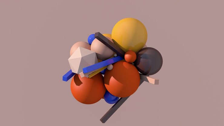 Bright colorful geometric shapes, beige background. Abstract animation, 3d render.