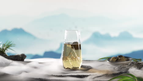 healthy drink tranquil green tea still life film food culture moment: aromatic herbal infusion with mountain view warm atmosphere