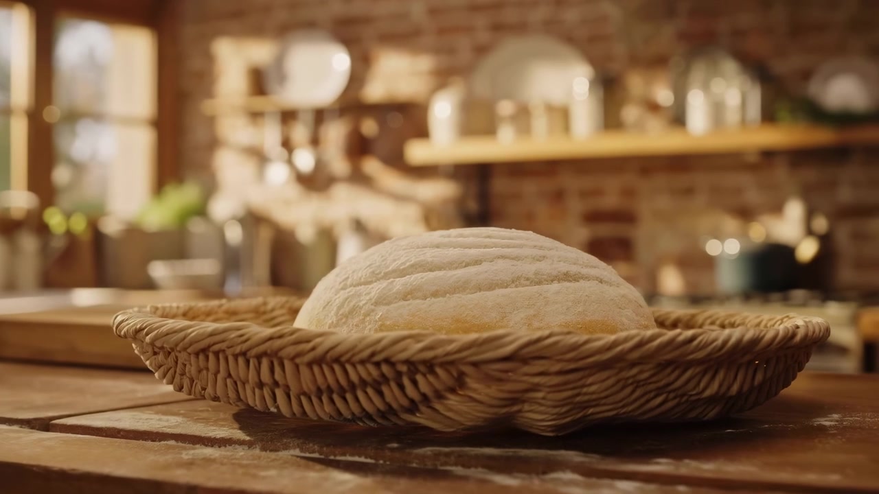 Close-up of proofed round loaf resting in woven wicker basket on weathered wooden countertop inside rustic kitchen, lit by soft window light with natural textures and inviting homemade atmosphere