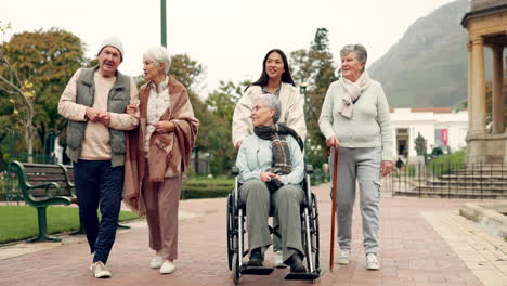 retirement, walking and elderly friends in park