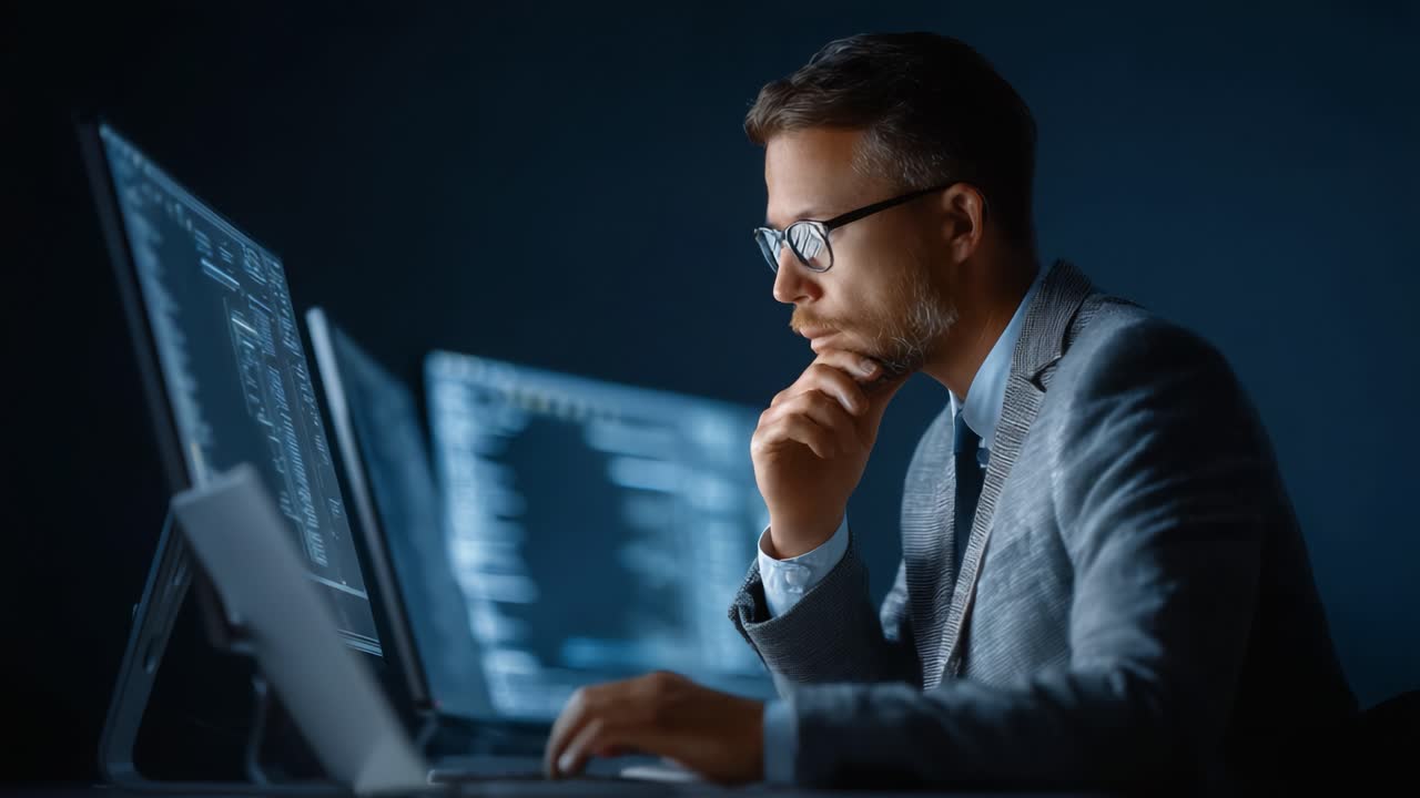A focused professional analyst deep in thought while reviewing data on ...