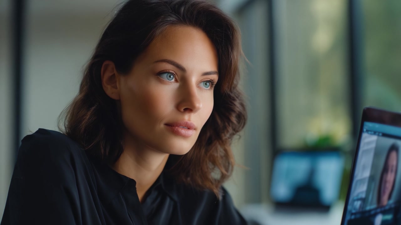 A woman attentively engaging in a video call, showcasing focus and concentration while working remotely in a modern, well-lit environment with elegant decor.
