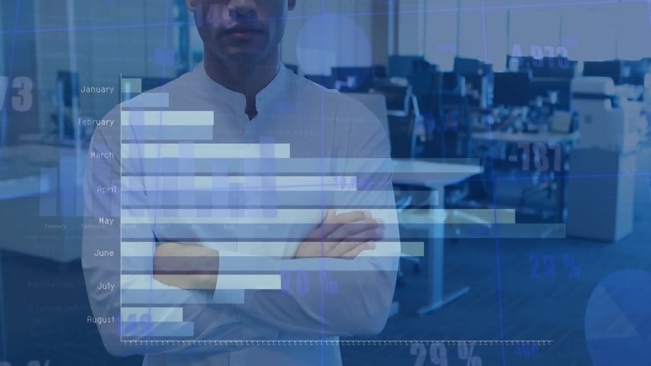 Animation of statistical data processing against biracial businessman standing at office