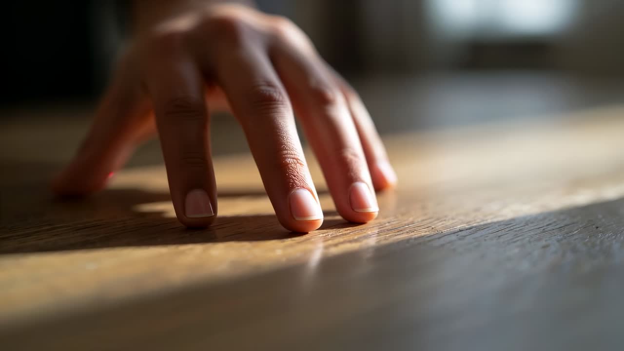 Responding to warm light reflection, right hand in dark sleeve lowering and touching wood grain