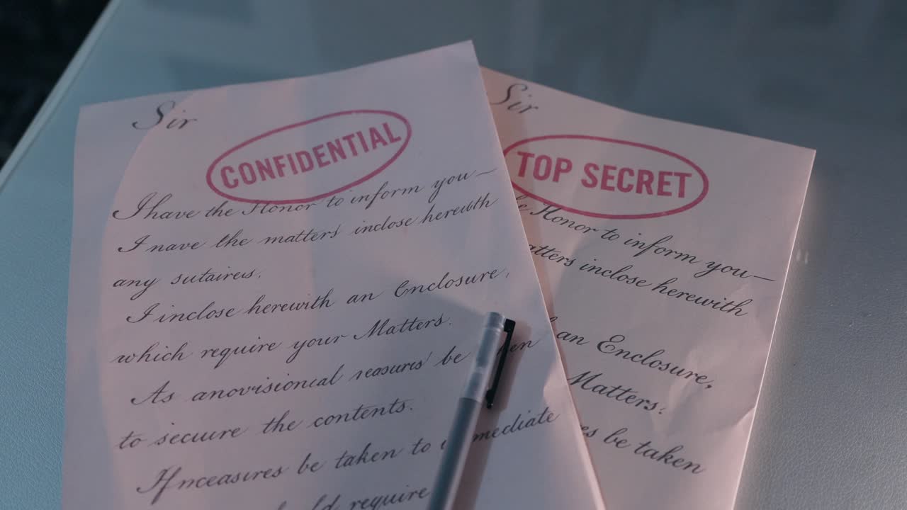 Two vintage style documents labeled 'Top Secret' and 'Confidential' with pen resting on one
