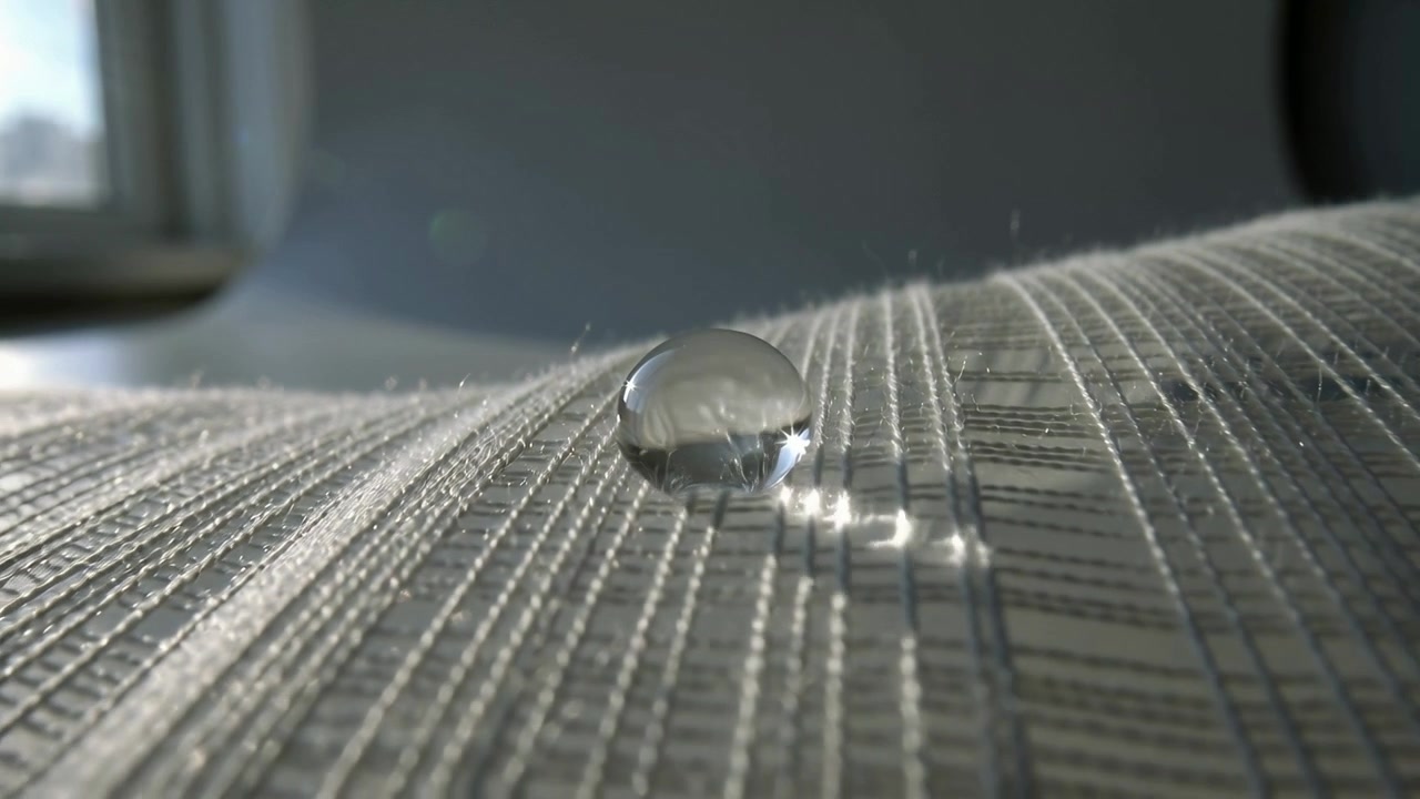 Gocciolina d'acqua trasparente che scivola lungo un tessuto a righe alla finestra, spinta dalla trama, proiettando un bagliore luminoso.