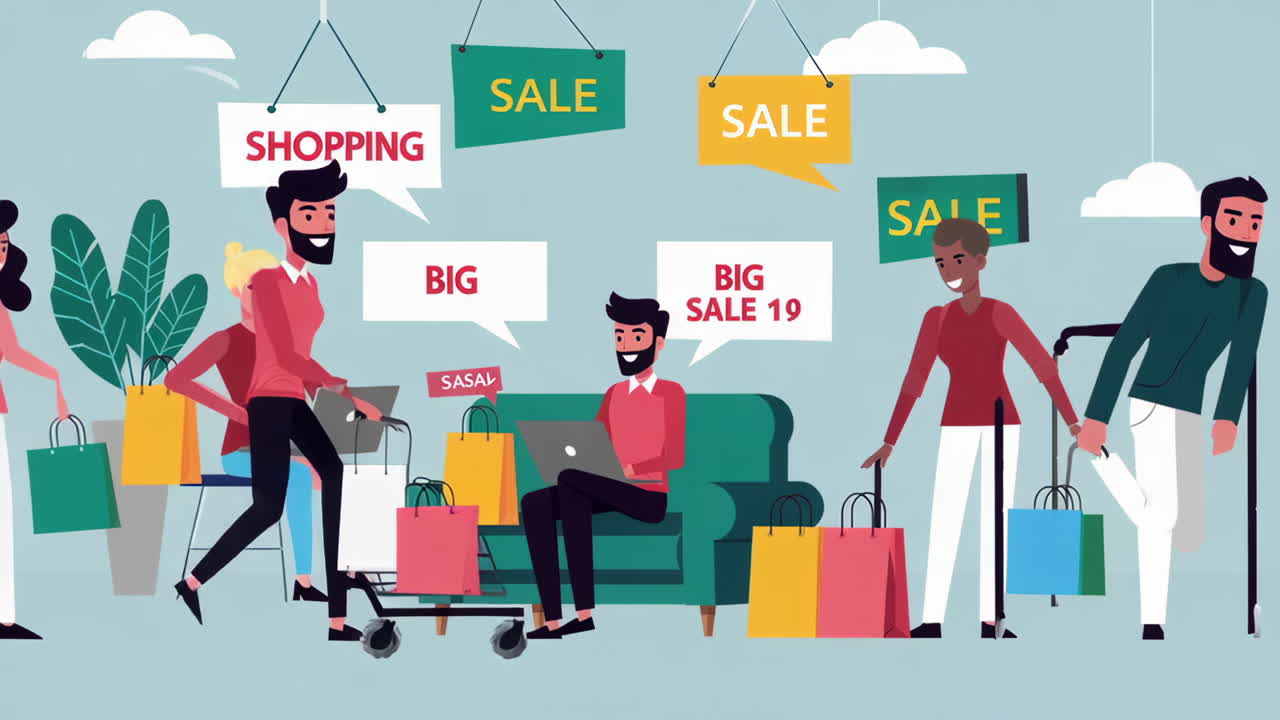 People Enjoying Online Shopping and Big Sales