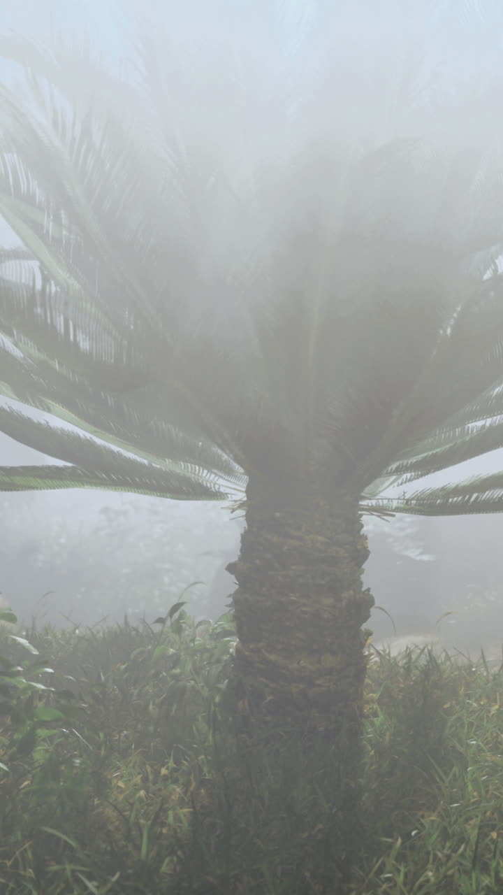 Fog envelops tropical garden with palm trees at dawn