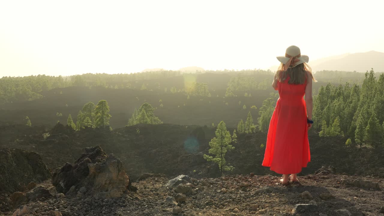 Modella attraente con abito rosso nel paesaggio del Parco Nazionale del Teide, vista di spalle.