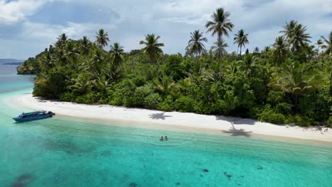 4k drone video of a couple running into the crystal clear blue ocean from a perfect white sand beach, lined with palm trees on a private, secluded island in the banggai islands, sulawesi indonesia