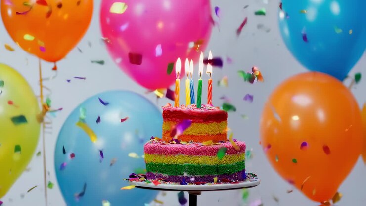Vibrant confetti descending over rainbow layered birthday cake, illuminated candles glowing against white background, surrounded by festive party balloons celebrating special moment