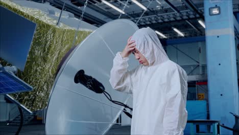vista lateral de un científico masculino asiático que tiene dolor de cabeza mientras está de pie con la construcción de una nave espacial