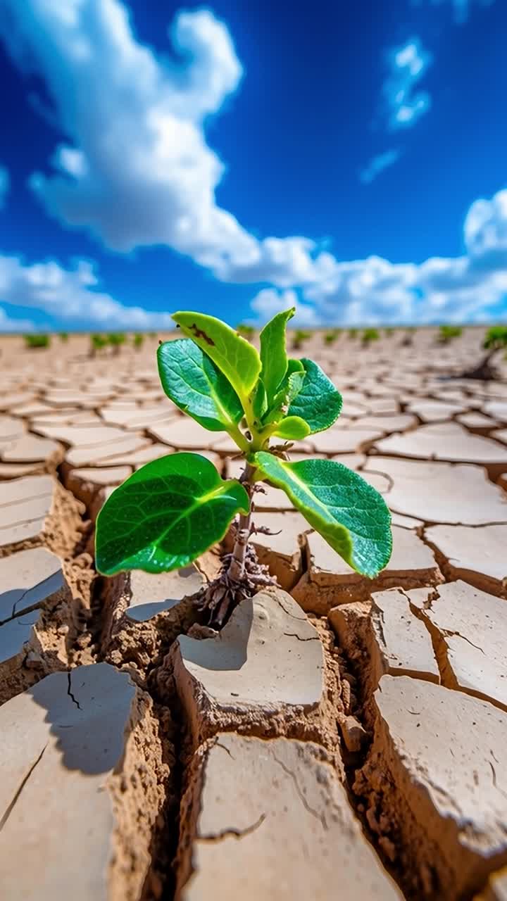Green Seedling in Cracked Drought Soil
