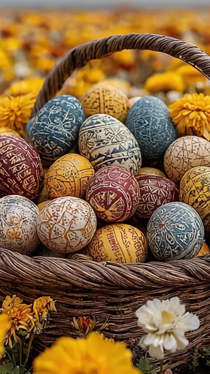 Colorful Basket of Intricately Designed Easter Eggs Amidst Vibrant Flowers, Showcasing the Beauty of Handcrafted Traditions and Spring Celebrations