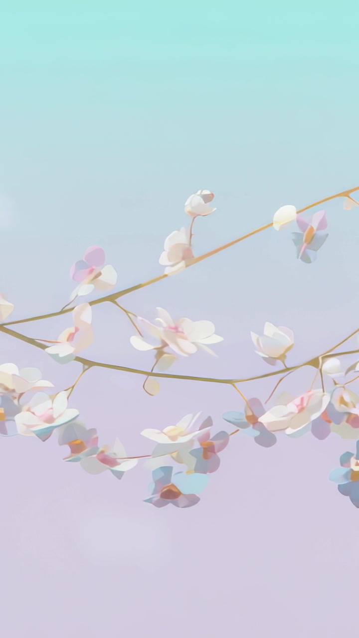 Vertical video: Playing, brown branch swaying right across pastel sky with pale blooms for calm
