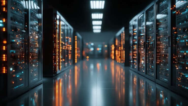 A Stunning Overview of a High-Tech Data Center Featuring Rows of Illuminated Server Racks, Capture the Essence of Modern Computing Infrastructure and Data Processing Power
