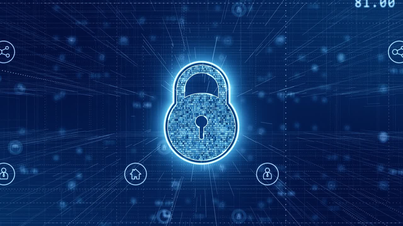 Motion graphic of Blue security key with icon technology futuristic elements abstract background seamless loop video