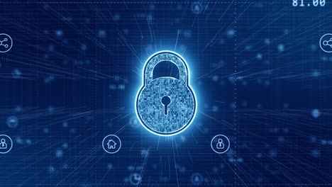gráfico de movimiento de la llave de seguridad azul con tecnología de iconos elementos futuristas fondo abstracto video de bucle sin costuras