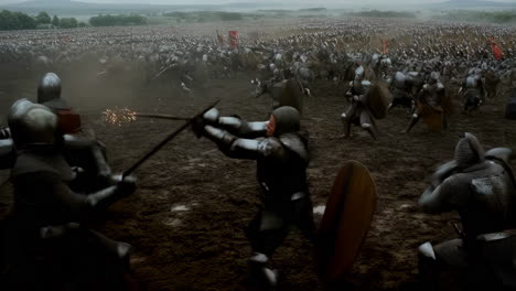 massive medieval battle scene on a muddy field