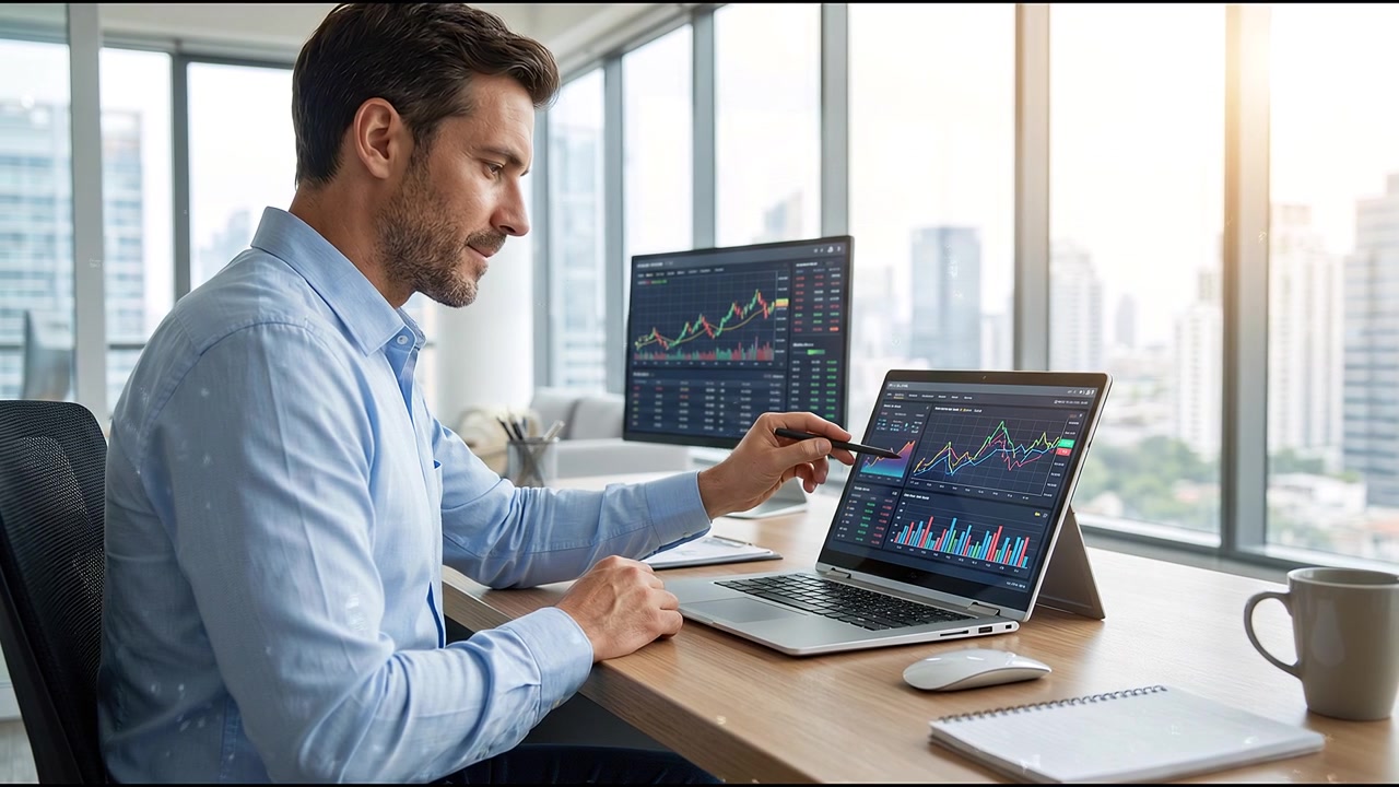 Profissional trabalhando remotamente com laptop e smartphone em ambiente de escritório moderno