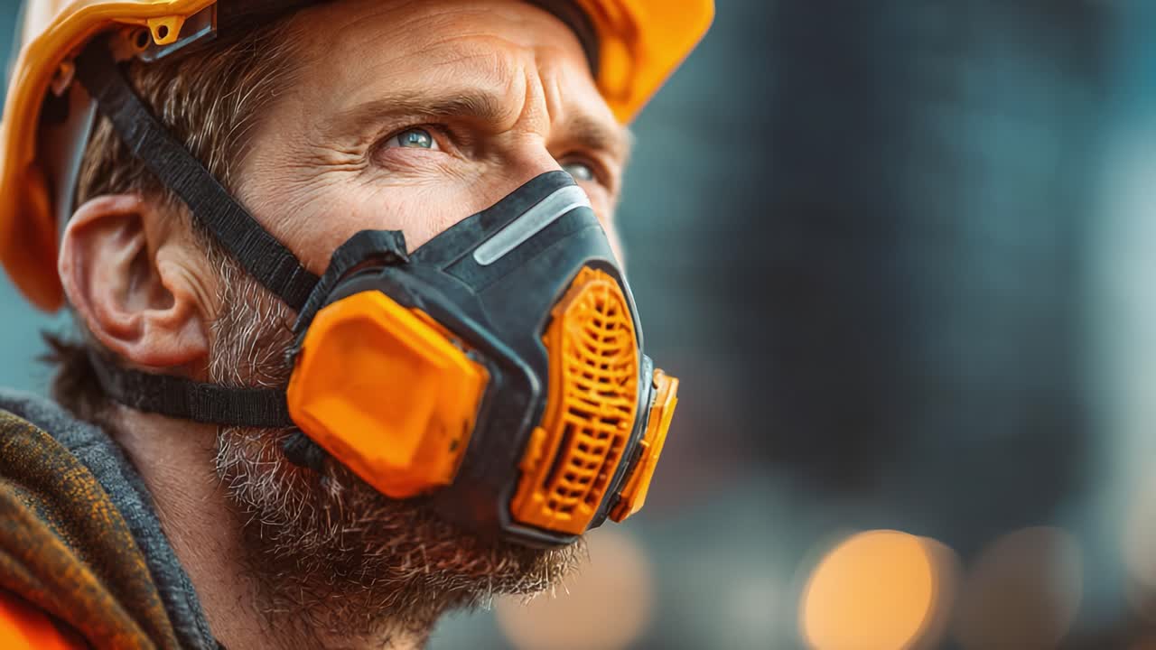Close-Up of a Construction Worker Wearing a Safety Mask and Hard Hat, Focusing Intensely on the Task Ahead, Highlighting Proper Safety Gear in an Industrial Environment