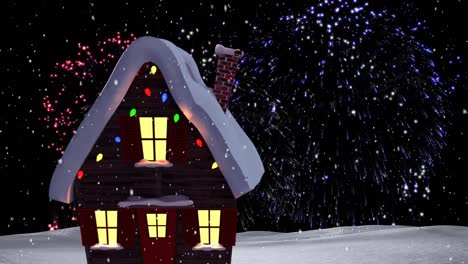 Animation-of-fireworks-and-snow-falling-over-house-decorated-for-christmas-with-string-lights