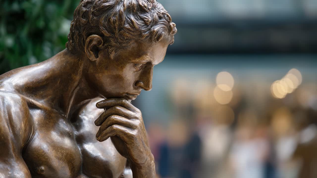 A Thoughtful Bronze Sculpture Reflecting Deep Contemplation in an Artistic Setting, Capturing the Essence of Human Emotion and Introspection in a Gallery