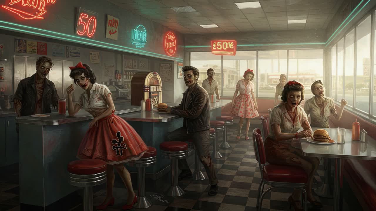 A Retro Diner Scene Featuring Spooky Characters in Vintage Attire: A Haunting Representation of the Past with Eerie Elements and Nostalgic Vibes