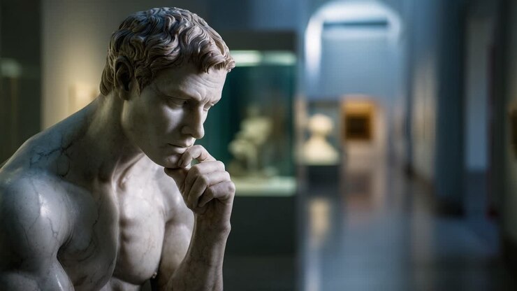 Una scultura in marmo introspettiva, catturata nei pensieri all'interno di una galleria museale, che mette in mostra arte e bellezza classica in un ambiente elegante.