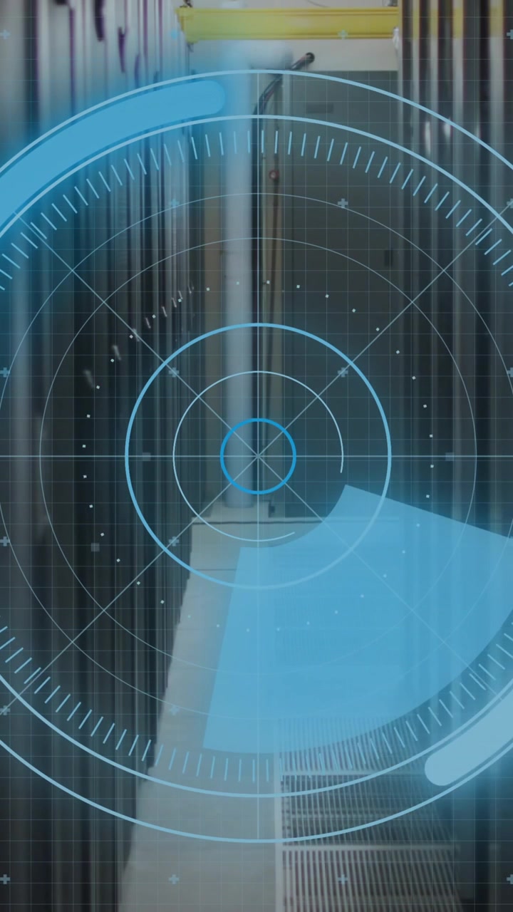 Animation of scanning circle, radar, multiple graphs and computer language over server room