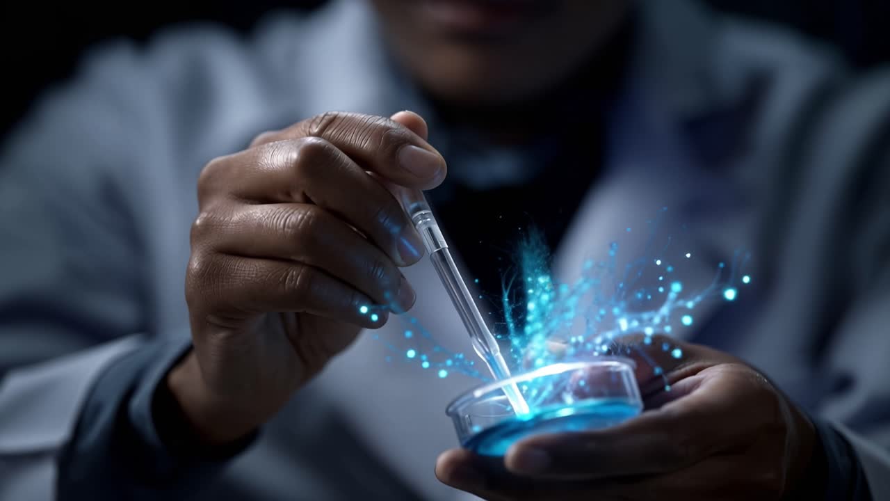 A scientist skillfully using a pipette to create a vibrant and dynamic reaction in a petri dish, showcasing the beauty of chemistry in an experimental environment