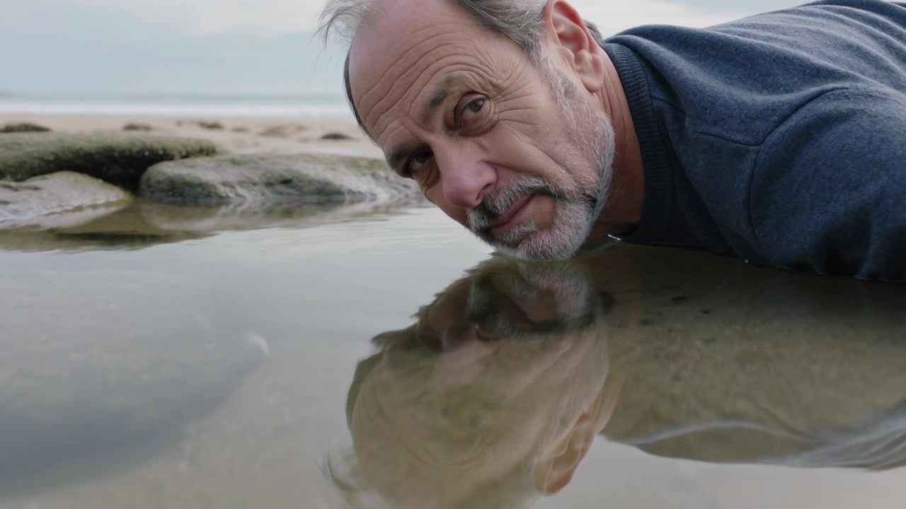 Seeing tide pool senior man wearing longsleeve top leaning on rocky shore, watching reflection