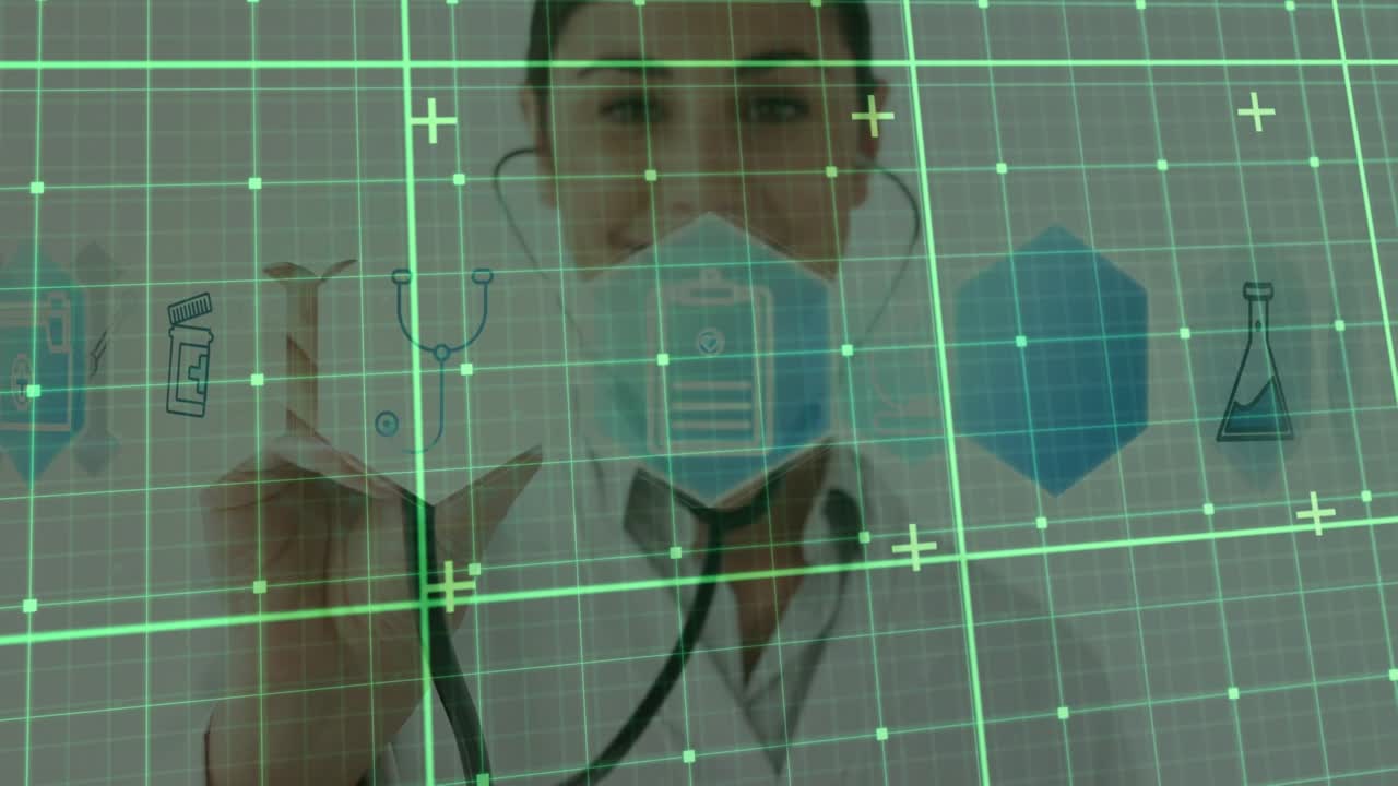 Animación de procesamiento de datos en pantalla digital sobre una doctora con estetoscopio.