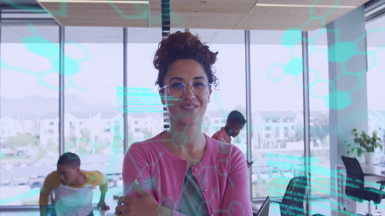 Animation of data processing over diverse business people in office