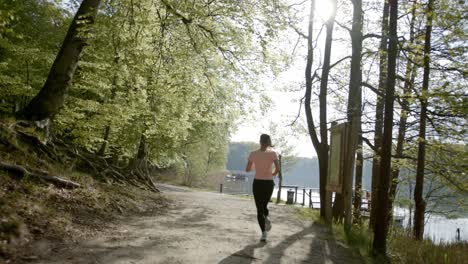 Läufer,-Der-An-Einem-Sonnigen-Tag-Auf-Einem-Feldweg-Durch-Wälder-In-Der-Nähe-Des-Sees-Läuft