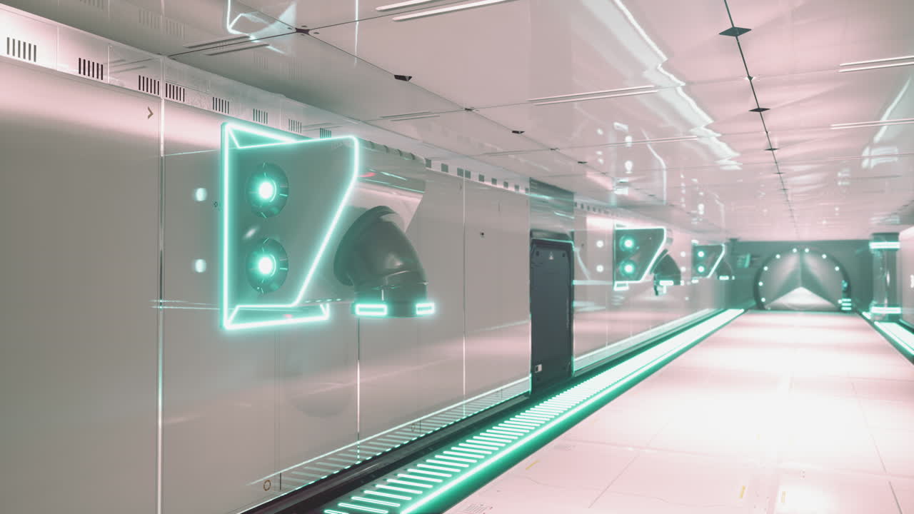 빛나는 불빛으로 미래의 우주선 복도