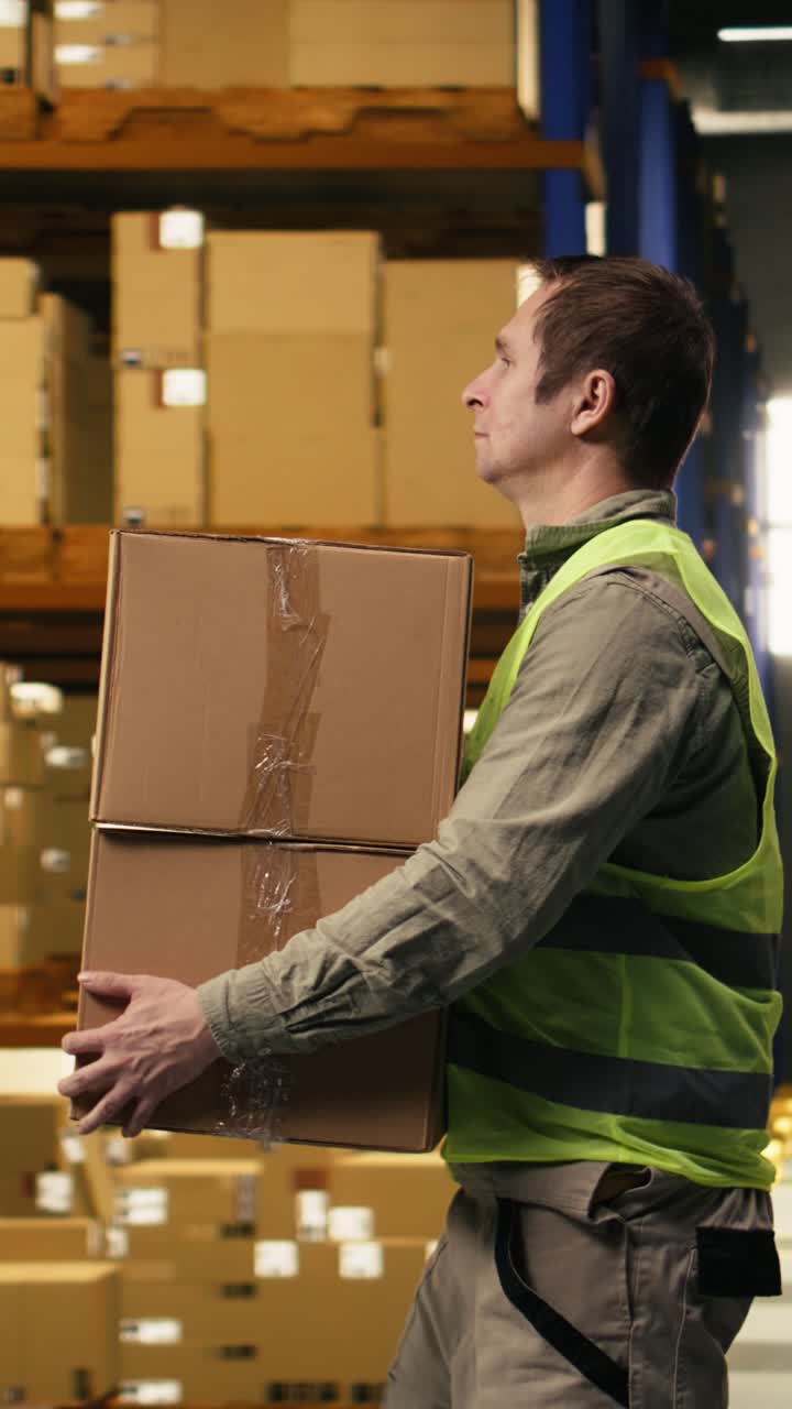 Vertical Video Man Staff Member Sorting Cardboard Packages In Logistics Warehouse