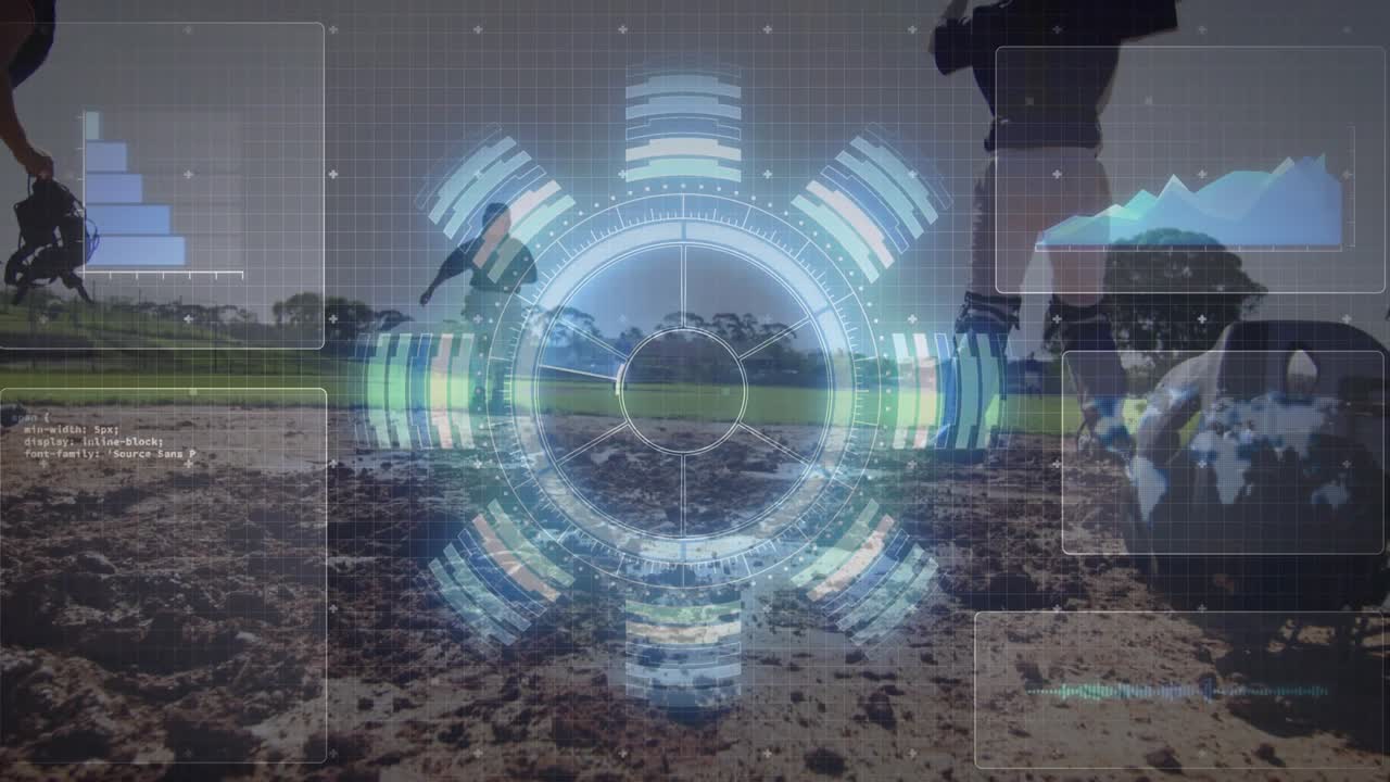 Dopo la partita, giocatrici raccolgono l'attrezzatura sul campo interno in terra battuta mentre l'HUD ruota grafici analitici