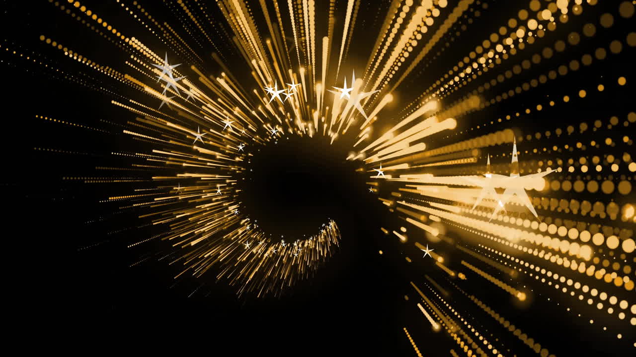 Animation of glowing light trails and stars moving over black background