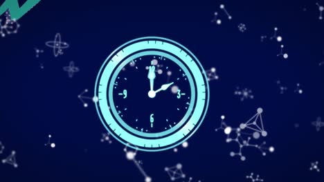animación de reloj en movimiento sobre moléculas en fondo azul