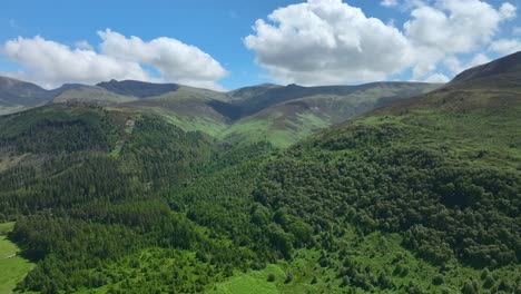 Flying-high-over-forested-green-mountains