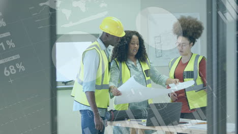 animation of statistics and data processing over diverse female architects in office