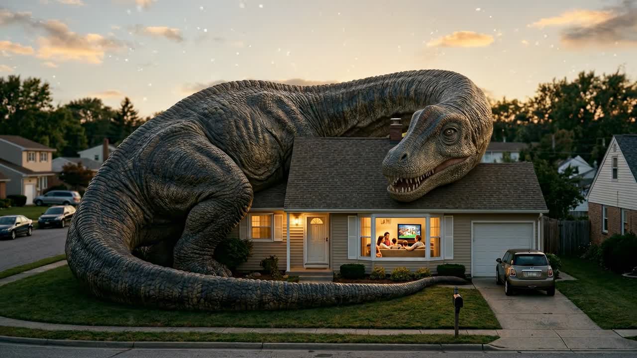 Gigantisk dinosaur som hviler på et forstadshus med familie som ser TV inne